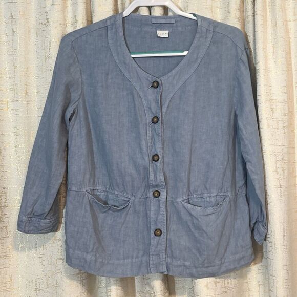 Poetry Beautiful Light Denim 100% Linen Button Up Shirt Jacket Top Women's Sz 2‎ - Picture 1 of 5